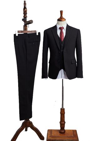 All Black 3 Pieces Notched Lapel Slim Fit Business Suit