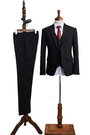 All Black 3 Pieces Notched Lapel Slim Fit Business Suit
