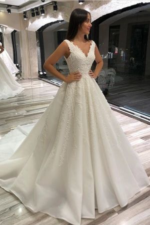 A-line V-neck Sleeveless Court Train Organza Bridal Gown With Lace