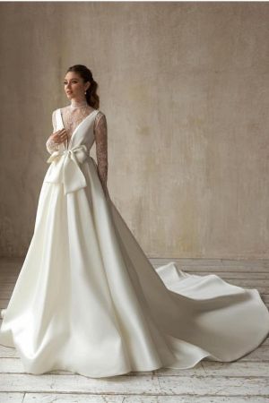 A-line Plunging Neckline Long Sleeves Court Train Satin Wedding Gown With Lace