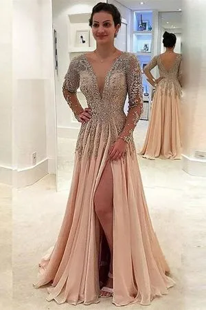A-line V-neck Floor-length 100D Chiffon Formal Dress With Crystal