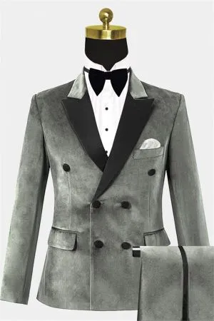 Silver Double Breasted Velvet Prom Suit with Peaked Lapel