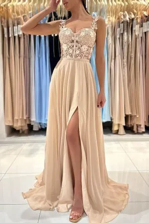 A-line Straps Sleeveless Floor-length 100D Chiffon Evening Dress With Beading