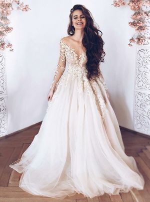 V-neck Floor-length Wedding Dress With Appliques