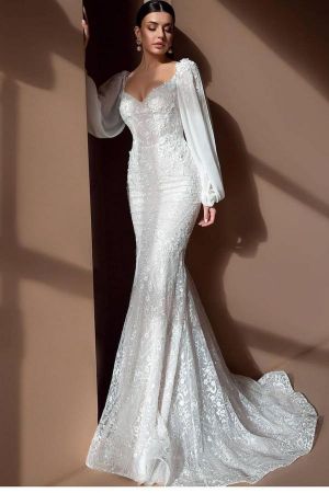Mermaid Sweetheart Neck Long Sleeves Sweep / Brush Train Lace Wedding Gown With Lace