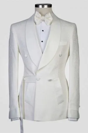 White Jacquard Double Breasted Men's Suit with Shawl Lapel for Wedding