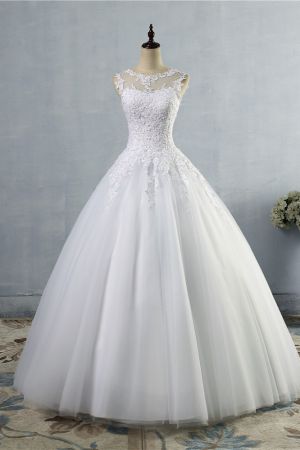 A-line Jewel Neck Sleeveless Floor-length Tulle Bridal Dress With Appliques