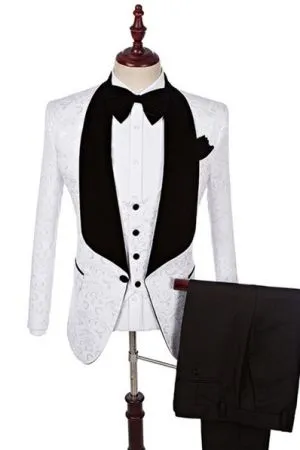 White Jacquard Three Pieces Wedding Suit for Men
