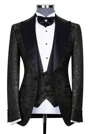 Black Three Pieces Jacquard Peaked Lapel Men's Suit for Wedding