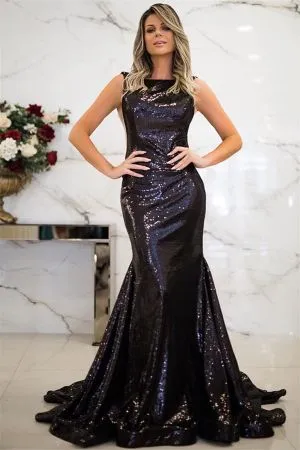 Mermaid Bateau Neck Sleeveless Court Train Evening Gown With Sequins