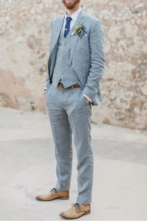 Blue Linen Beach Wedding Suits