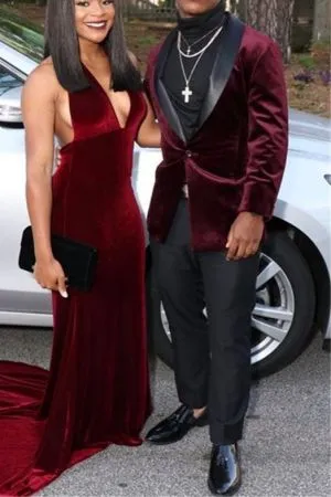 Burgundy Velvet Shawl Lapel Prom Men's Suit