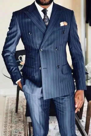 Navy Blue Striped Double Breasted Men's Formal Suit
