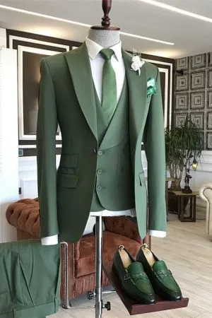Green Three Piece Slim Fit Peaked Lapel Men's Suit