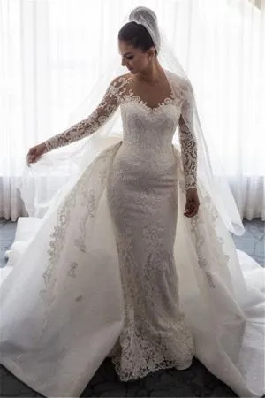 Mermaid Long Sleeves Chapel Train Lace Wedding Gown With Lace