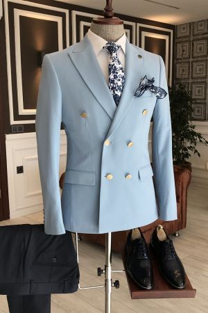 Sky Blue Double Breasted Business Suit with Peaked Lapel