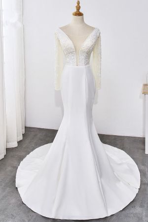 Mermaid Jewel Neck Long Sleeves Floor-length Satin Wedding Gown With Beading