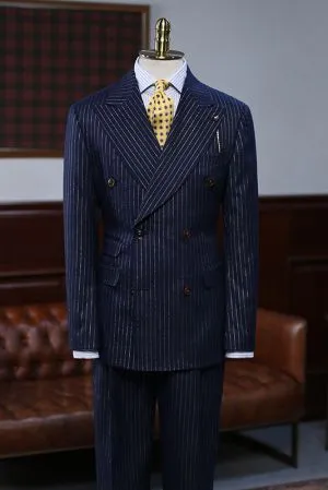 Navy Blue Striped Double Breasted Formal Menswear