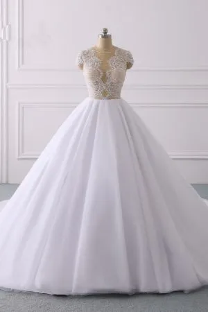 Ball Gown Jewel Neck Short Sleeves Floor-length Tulle Bridal Gown With Appliques