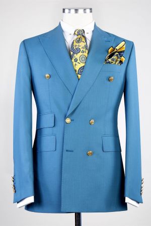 Blue Double Breasted Business Men Suit with Peaked Lapel