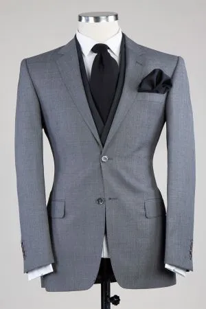 Men's Modern Fit Grey 3-Piece Wool Blend Suit with Double Breasted Shawl Lapel Vest