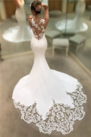 Mermaid V-neck Sleeveless Chapel Train Satin Wedding Gown With Lace