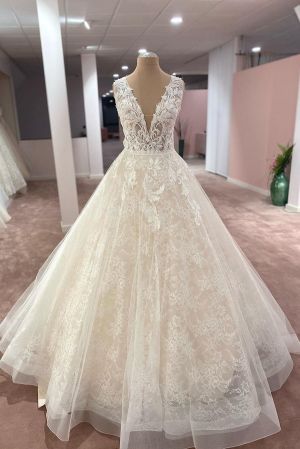 A-line Plunging Neckline Sleeveless Court Train Tulle Bridal Gown With Lace