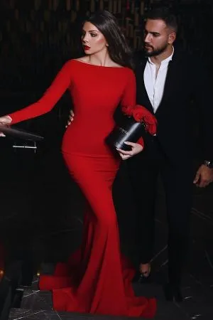 Mermaid Bateau Neck Long Sleeves Sweep / Brush Train Spandex Evening Dress With Ruffles