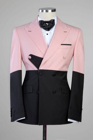 Pink And Black Double Breasted Peaked Lapel Prom Men Suit