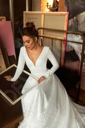 A-line Sweetheart Neck Long Sleeves Court Train Satin Wedding Gown With Lace