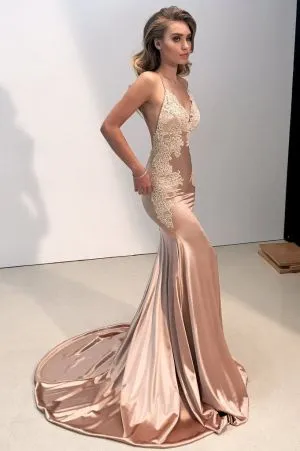 Mermaid Spaghetti Straps Sleeveless Sweep / Brush Train Formal Dress With Lace