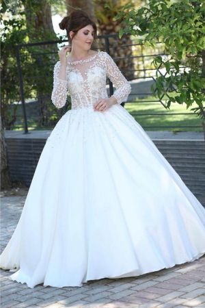 Bateau Neck Long Sleeves Floor-length Satin Wedding Dress With Lace
