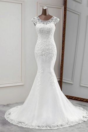 Mermaid Jewel Neck Sleeveless Floor-length Lace Bridal Dress With Beading