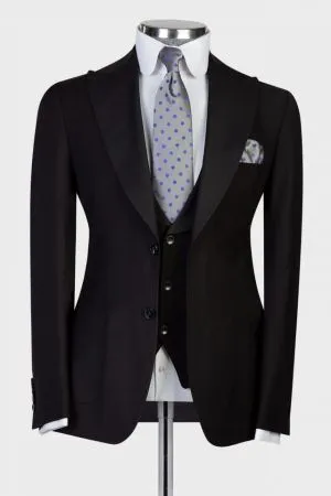 Black Two Buttons Peaked Lapel Business Men Suit