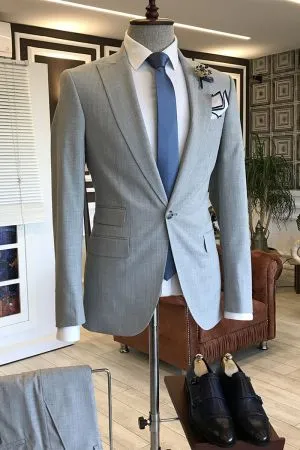 Light Grey Single Breasted Business Men Suit with Peaked Lapel