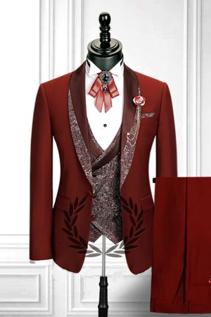 Red 3 Piece Suit with Double Breasted Waistcoat
