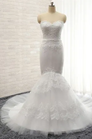 Mermaid Sweetheart Neck Court Train Tulle Wedding Gown With Lace