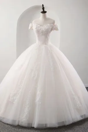 Ball Gown Off-the-shoulder Floor-length Tulle Wedding Dress With Appliques