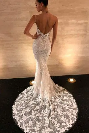 Mermaid Spaghetti Straps V-neck Sleeveless Sweep / Brush Train Evening Dress With Appliques