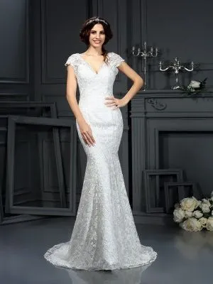 Mermaid V-neck Sleeveless Floor-length Lace Bridal Dress With Lace