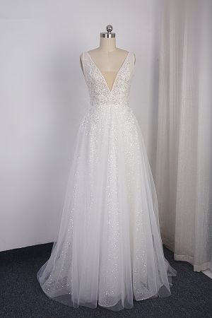 A-line V-neck Sleeveless Floor-length Tulle Wedding Gown With Sequins