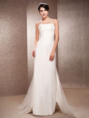 Column Halter-neck Sleeveless Floor-length Tulle Bridal Dress