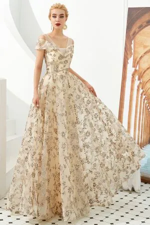 A-line V-neck Cap Sleeves Sweep / Brush Train Tulle Evening Dress With Sequins
