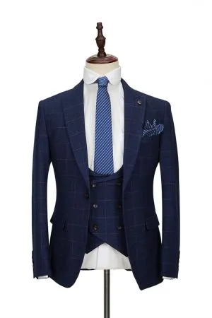 Blue Plaid 3 Piece Double Breasted Men's Suit