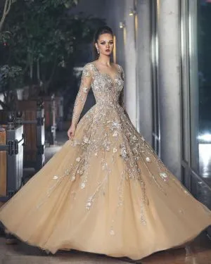 Long Sleeve Evening Dress Tulle With Lace Appliques -  and  Style