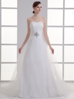 A-line Strapless Sweetheart Neck Sleeveless Chapel Train Lace Bridal Gown With Beading