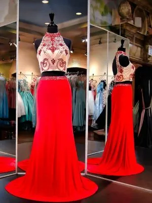 Column High Neck Sleeveless Sweep / Brush Train Homecoming Dress With Beading
