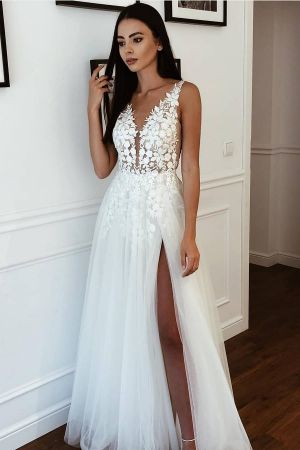 A-line Straps V-neck Floor-length Lace Bridal Dress With Lace
