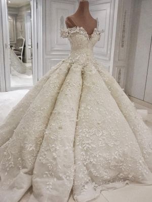 Ball Gown Off-the-shoulder Chapel Train Bridal Gown With Lace