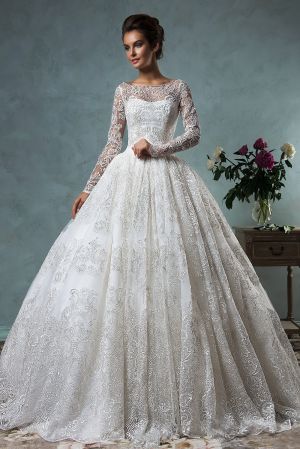 Lace Applique Ball Gown Wedding Dress with Long Sleeves